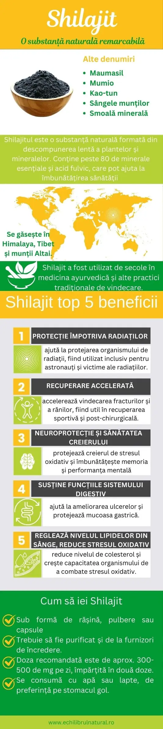 Infografic Shilajit beneficii, origini și utilizari