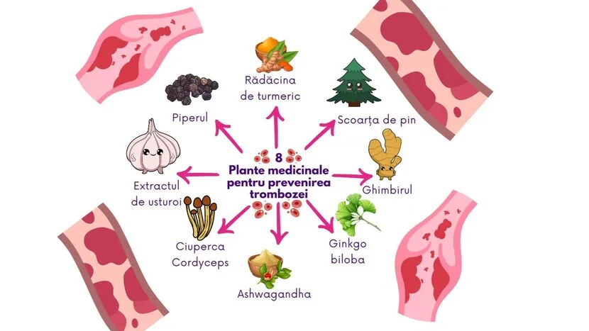 Schemă cu imagini grafice pentru plante medicinale care previn tromboza.