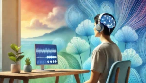 terapia neurofeedback, persoana cu senzor pe scalpi in fata monitorului