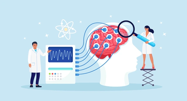 Sedinta de neurofeedback, senzori eeg atasati de scalpul pacientului